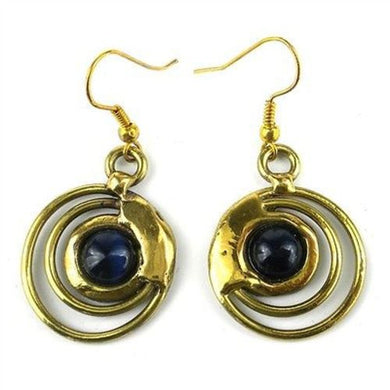 Concentric Dark Blue Tiger Eye Brass Earrings Handmade and Fair Trade