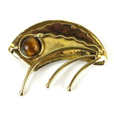 Umbrella Brass Brooch with Gold Tiger Eye Handmade and Fair Trade