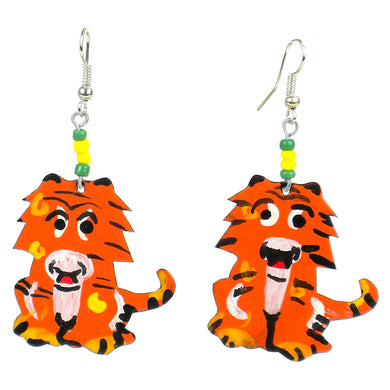 Recycled Standing Tiger Earrings Handmade and Fair Trade
