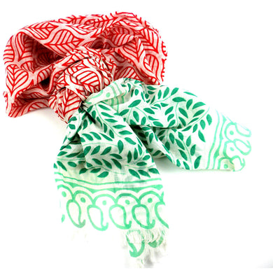 Red and Green Leaf Design Cotton Scarf Handmade and Fair Trade