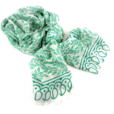 Leaves and Paisley Design  Cotton Scarf with Fringe Handmade and Fair Trade