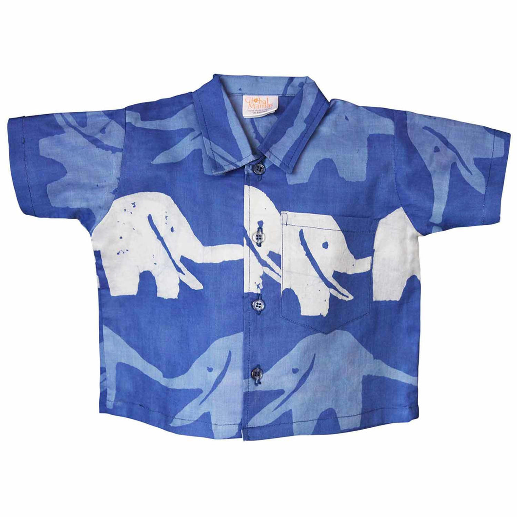 Baby Button Down Shirt - Blueberry Elephants - Global Mamas (B)