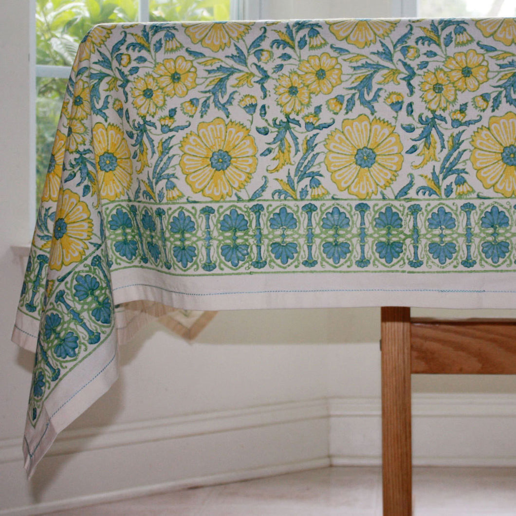 Yellow Floral Blockprint Cotton Tablecloth 90 by 60 - Sustainable Threads (L)