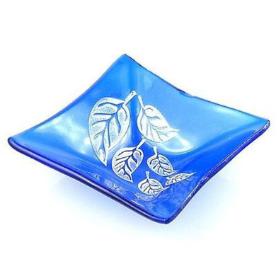 Etched Leaf Small Recycled Blue Glass Dish Handmade and Fair Trade