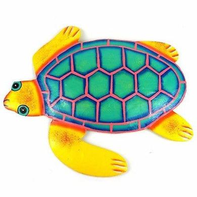 Hand Painted Metal Turtle Yellow and Teal Design Handmade and Fair Trade