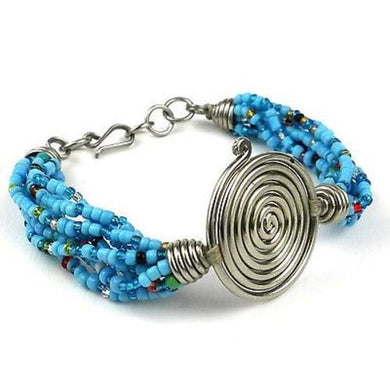 Single Spiral 'Progress' Blue Beaded Bracelet Handmade and Fair Trade