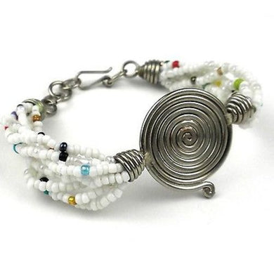 Single Spiral 'Progress' White Beaded Bracelet Handmade and Fair Trade