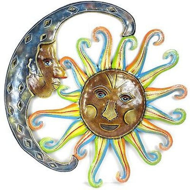 24-Inch Painted Blue Moon and Sun Metal Wall Art - Croix des Bouquets