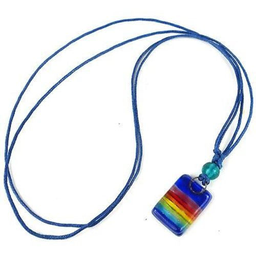 Deep Blue Rainbow Small Fused Glass Pendant Necklace Handmade and Fair Trade