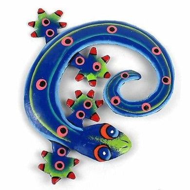 Hand Painted Round Metal Gecko Blue Green Design Handmade and Fair Trade