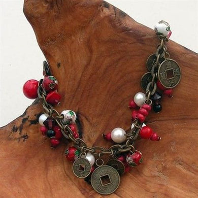 Cloisonne Bead and Coin Charm Bracelet with Red Beads Handmade and Fair Trade