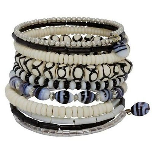 Ten Turn Bead and Bone Bracelet - Black & White Handmade and Fair Trade