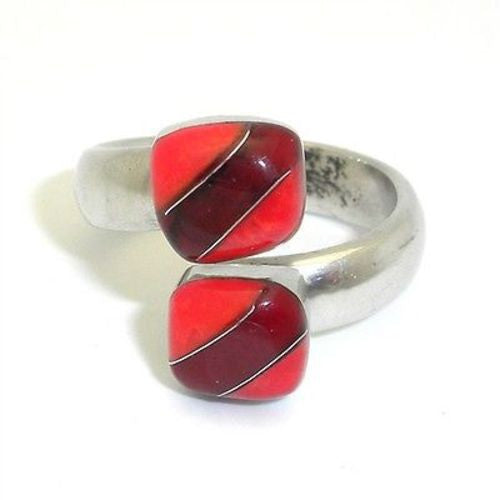 Two Cube Coral Bloodstone Alpaca Silver Wrap Ring Handmade and Fair Trade