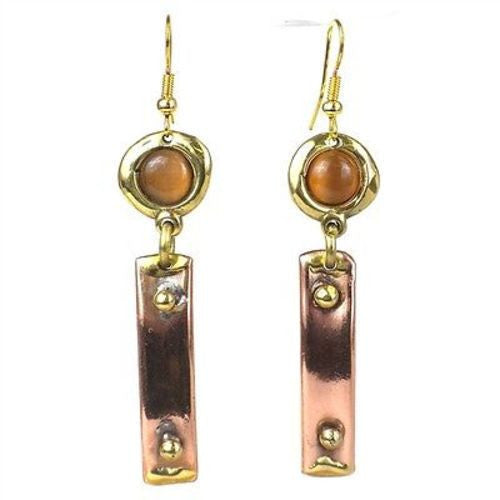 Riveting Copper and Tiger Eye Brass Earrings Handmade and Fair Trade
