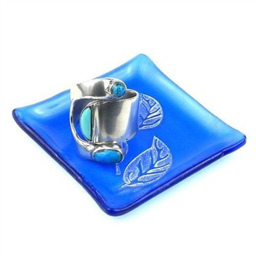 Etched Leaf Recycled Blue Glass Ring Tray Handmade and Fair Trade