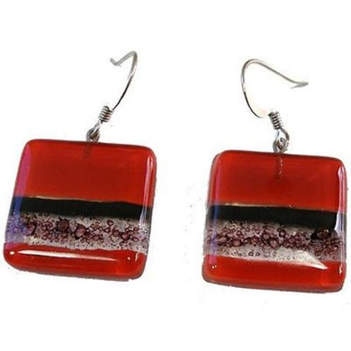 Square Fused Glass Earrings - Red and Bubbles Design Handmade and Fair Trade