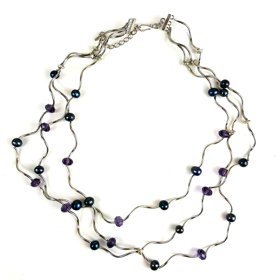 Curly Silver Overlay and Black Freshwater Pearl Necklace with Purple Crystals - Starfish Project